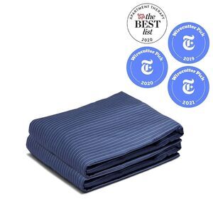 Rilley Luxury Queen Size Percale Flat Sheet - Color: True Navy Pinstripe - New